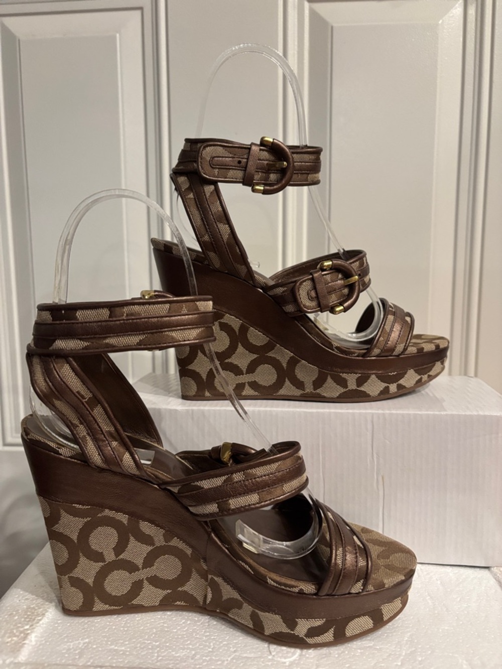 Coach Marlee Wedge Sandals Signature Canvas Pattern Khaki Brown Size 8 - Picture 6 of 13